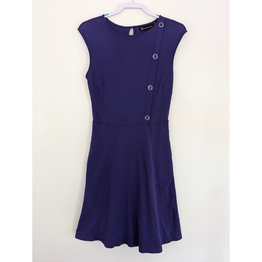New York & Co Purple Cotton Fit Flare Dress Sleeveless Button Detail Sz S Tall